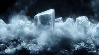 Dramatic macro shot of ice crystals with rising smoke effect against dark background, creating mysterious atmospheric scene. Natural frozen formations in cold environment.