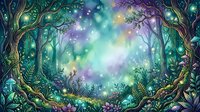 Enchanted forest clearing with glowing magical lights, mystical atmosphere, and lush vegetation creating a fantasy woodland scene for creative projects.