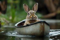 Adorable brown rabbit sitting in small canoe on calm water, surrounded by green foliage. Whimsical outdoor nature scene captures curious bunny on boating adventure.