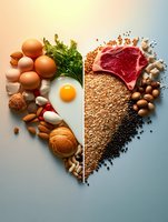Heart-shaped food composition with protein sources split in two parts: fresh ingredients on left with eggs and nuts, grains and raw meat on right. Creative food concept.