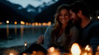 Young couple embracing by mountain lake at twilight with warm bokeh lights creating romantic atmosphere for evening date or vacation getaway.