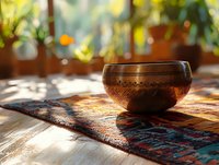 Ornate copper bowl with intricate patterns sits on colorful woven textile in sunlit room with natural lighting and blurred greenery background.