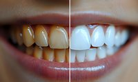 Before and after teeth whitening comparison showing dramatic transformation from yellow stained teeth to bright white smile, demonstrating dental treatment results.