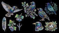 Iridescent starling clipart set isolated on transparent background, featuring birds, feathers, berries, nest, and branches for stickers, T-shirts, print on demand.
