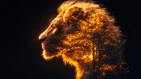Majestic lion profile merged with glowing autumn tree silhouette against dark background, creating surreal double exposure effect in golden orange tones.