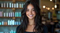 Young Hispanic woman with long dark hair smiling warmly in modern salon or spa with product shelves and soft lighting for beauty and wellness concepts.