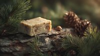 Natural handmade soap bar with pine cones and evergreen branches on rustic wood surface for organic skincare and spa treatments in winter holiday season.