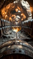 Glass of white wine on oak barrel in atmospheric wine cellar tunnel with rows of wooden casks and warm lighting creating moody ambiance for wine tasting experience.