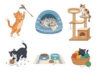Playful cats in various poses with toys, beds, and accessories isolated on white background, ready for pet care design projects, greeting cards, and feline-themed merchandise applications.