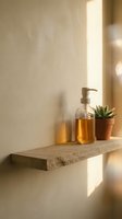 Minimalist bathroom shelf with amber glass soap dispenser, golden liquid, small succulent plant in terracotta pot, and warm natural sunlight casting soft shadows on white wall.