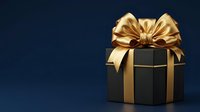 Luxury black gift box with golden ribbon bow on dark blue background, isolated for holiday, celebration, and promotional design use.