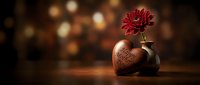 Red dahlia flower in ceramic vase on wooden surface with warm bokeh lights background for romantic home decor and floral arrangement concepts.