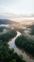 Aerial view of winding river through lush green forest with morning mist and golden sunrise light creating serene natural landscape for environmental content.