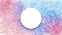 Gradient background with white circle frame, decorative floral elements and hearts, romantic design for wedding invitations and feminine branding projects.
