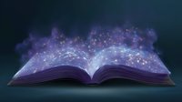 Magical open book with glowing pages emitting purple cosmic dust and sparkling stars against dark background, fantasy literature concept.