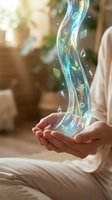 Caucasian woman in white holding a glowing energy spiral with floating leaves and water drops, symbolizing healing and natural wellness.