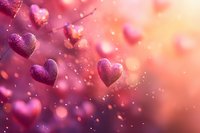 Pink glittery hearts floating in dreamy bokeh atmosphere with sparkles and magical glow, romantic valentines background in rose and purple hues.