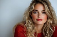 Young Caucasian woman with blonde wavy hair wearing red sweater and natural makeup poses against light background. Professional beauty portrait with soft lighting.