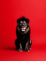 Majestic male lion sitting proudly against vibrant red studio background. Wild African big cat portrait for creative projects and advertising campaigns.