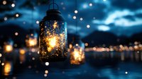 Glowing lantern with magical sparkles against dark blue night sky, creating dreamy bokeh effect and reflections on water surface. Atmospheric mood lighting.