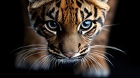 Young tiger cub with striking blue eyes and orange striped fur pattern against dark background for wildlife photography and nature designs.