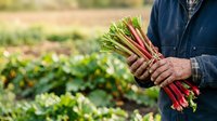Farmer holding fresh rhubarb stalks in field during harvest season. Organic produce farming and sustainable agriculture concept for agricultural business.