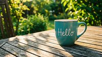 Teal ceramic mug with Hello inscription on rustic wooden table in sunny garden, warm morning atmosphere for lifestyle and greeting concepts.