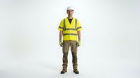 Construction worker wearing yellow safety vest and hard hat standing against white background, ready for industrial or occupational design projects.
