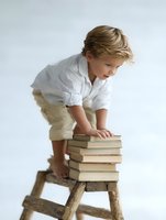 Young boy in white shirt climbing wooden ladder with stack of books, captured against light background in minimalist style. Concept of education and curiosity.