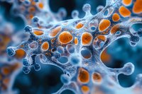 Microscopic view of cellular structure with orange spherical organelles embedded in translucent blue network, showing intricate biological patterns and connections.