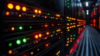Server rack with glowing LED indicators in dark data center, showing network activity status through red, green and orange lights in perspective view.