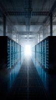 Modern data center server room corridor with blue LED lighting and bright white light at end for technology and cloud computing concepts.