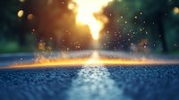 Magical sunset light creates golden bokeh effect on wet asphalt surface after rain, with water droplets and sun flare creating atmospheric mood for background designs.