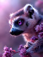 Ring-tailed lemur with vibrant purple eyes gazes intently among pink cherry blossoms against dreamy purple background, creating magical nature atmosphere.