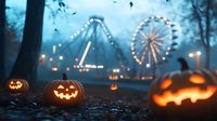Glowing jack-o-lanterns in foggy amusement park at night with illuminated ferris wheel and carnival rides creating spooky Halloween atmosphere.