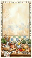 Watercolor kitchen scene with cookware, herbs, vegetables and vintage tiles, decorative frame with copy space for recipe cards or menus.