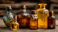 Collection of vintage apothecary bottles with cork stoppers containing amber liquids on rustic wooden surface for herbal medicine and aromatherapy concepts.