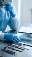 Healthcare professional in protective gear examining medical documents and surgical instruments in sterile clinical environment for patient care.