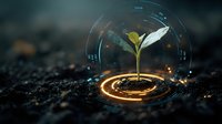 Young seedling protected by futuristic energy shield with glowing circular interface on dark soil background, symbolizing environmental protection technology.