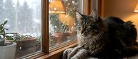 Tabby cat with long fur gazing out snowy window during winter, cozy home interior with warm lighting and potted plants, domestic pet relaxation scene.