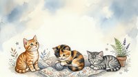 Adorable watercolor kittens playing with yarn ball among botanical elements. Cute tabby and gray cats in soft pastel style for nursery decor and pet themes.