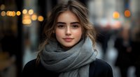 Young Caucasian woman wearing gray wool scarf and black coat smiling at camera on blurred urban background with bokeh lights during evening hours. Natural beauty portrait.