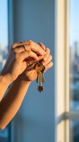 Hands holding house keys against modern city skyline background. New home ownership, real estate investment, property purchase concept for business use.