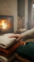Person's hand resting on stack of folded knit sweaters in warm, cozy interior with fireplace glow and autumn decor for seasonal lifestyle content.