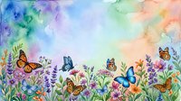 Watercolor spring meadow with colorful butterflies flying over blooming wildflowers and herbs against rainbow sky background for nature designs.