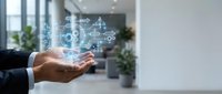 Businessman hand displaying holographic digital network icons and connectivity symbols in modern office environment for technology and business concepts.