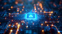 Futuristic artificial intelligence processor with glowing triangle symbol on microchip surface, digital neural network concept for machine learning and deep technology innovation.