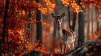 Graceful doe standing in autumn forest with vibrant orange foliage, creating a serene woodland scene against blurred background of fall colors.