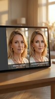 Middle-aged woman with blonde hair and gold jewelry displayed on laptop screen showing before and after portrait enhancement comparison in bright home office setting.