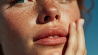 Close-up of young woman with freckles and natural pink lips touching her face against blue background. Perfect for beauty and skincare advertising.
